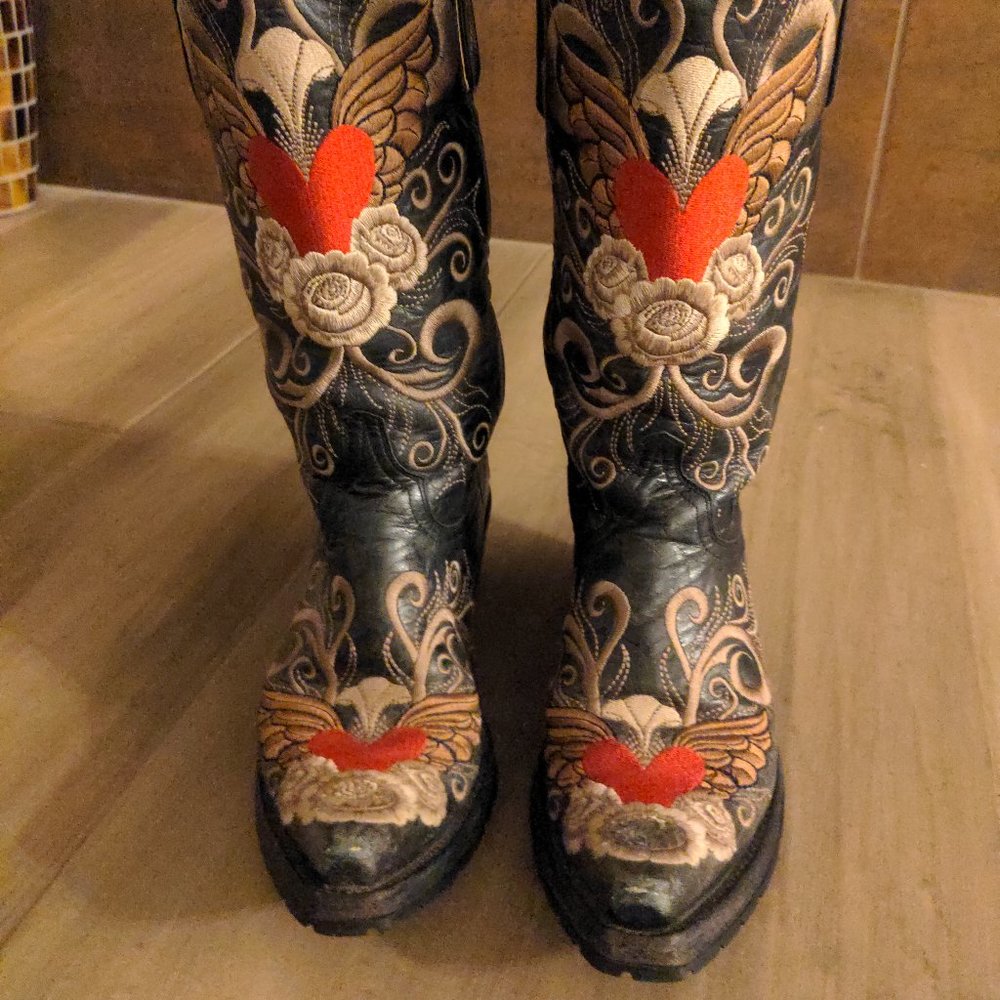 OLD GRINGO GRACE BLACK EMBROIDERED LEATHER BOOTS 6.5